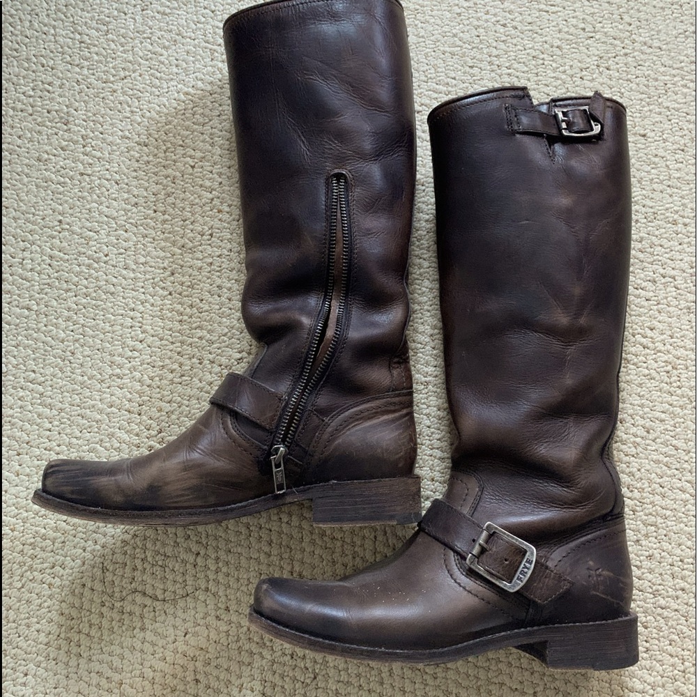 Frye brown leather distressed knee high moto boot